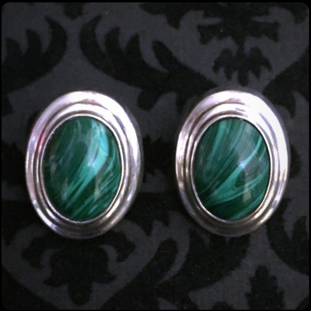 Taxco Malachite Swirl Chunky Clip-on Sterling Silver earrings